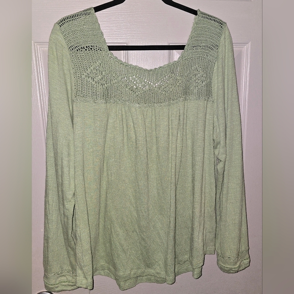Soft Surroundings Sage Green Crochet Trim Light Flowy Boho Peasant Blouse Top L - Picture 2 of 8